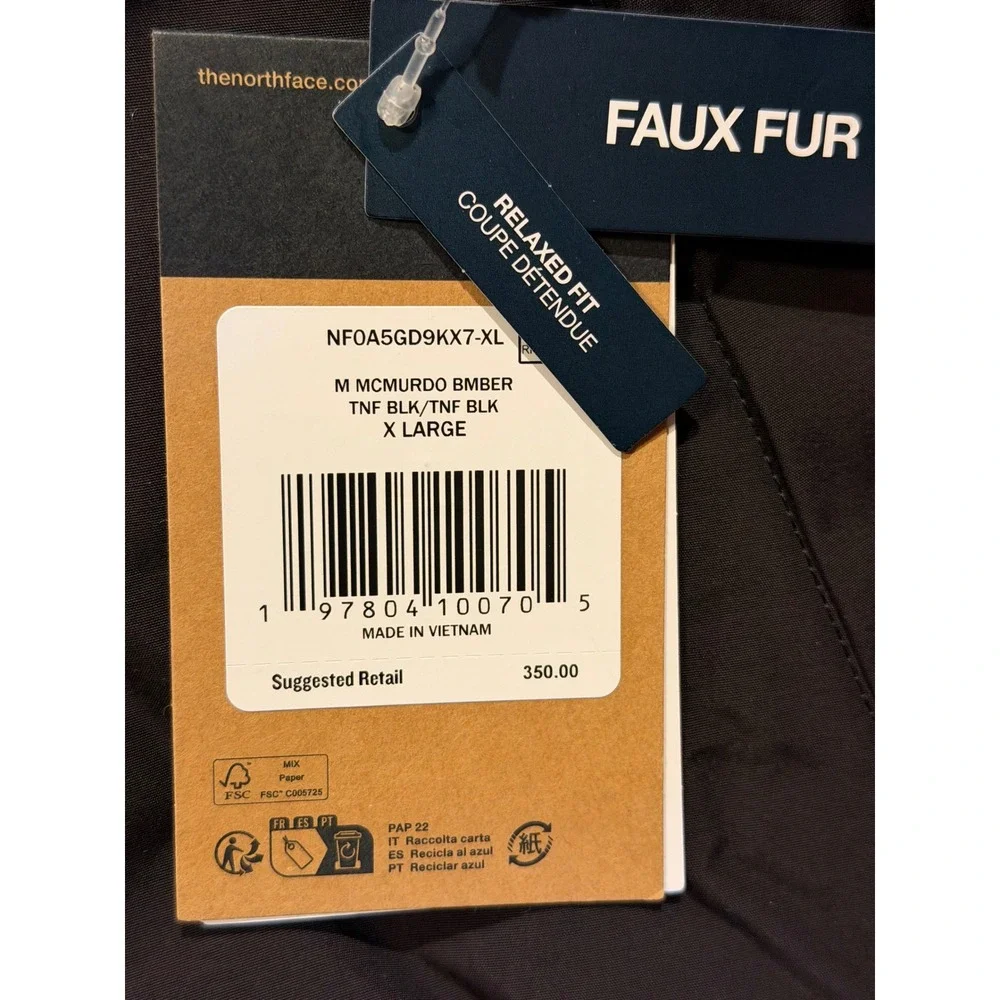 The North Face McMurdo Bomber Jacket Men XL Black 600 Fill DryVent Faux Fur Hood